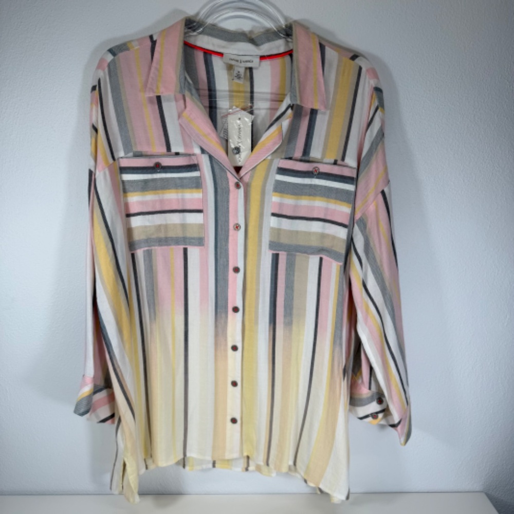 Vintage America 3/4 Roll Tab Sleeve Lightweight Striped Button Pastel Blouse XL